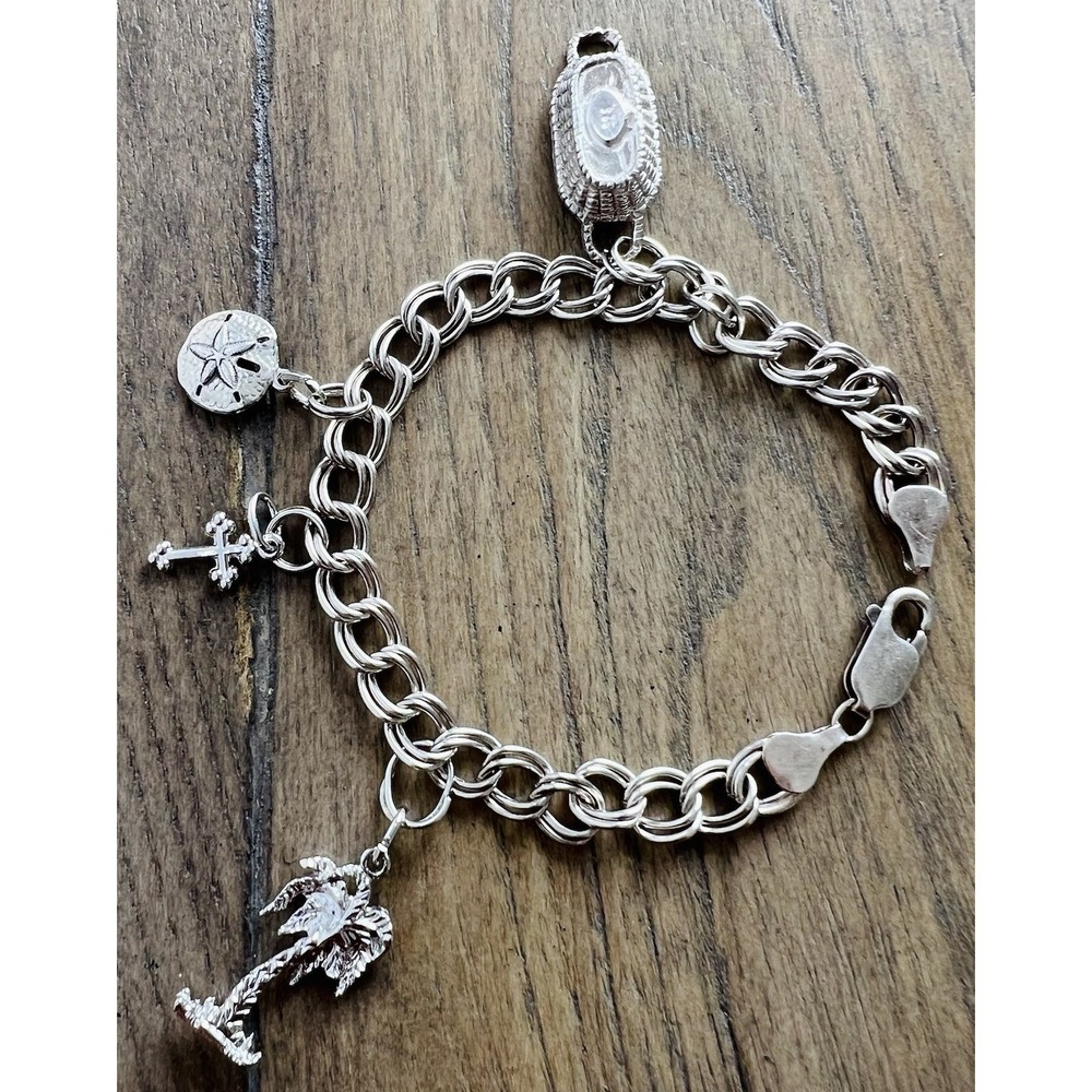 Vintage Sterling Silver 925 Double Ring Chain Link Bracelet  w/ 4 Charms 7 1/4"